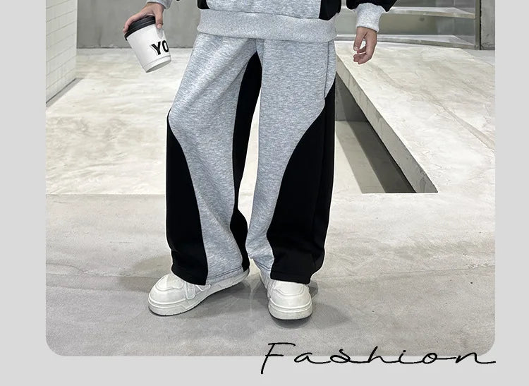 Spring Boys Black x Grey Contrast Pullover Sweatshirt+Sweatpant Work Set School Kid 2PCS Tracksuit Children Jogger Outfit 5-16Yr