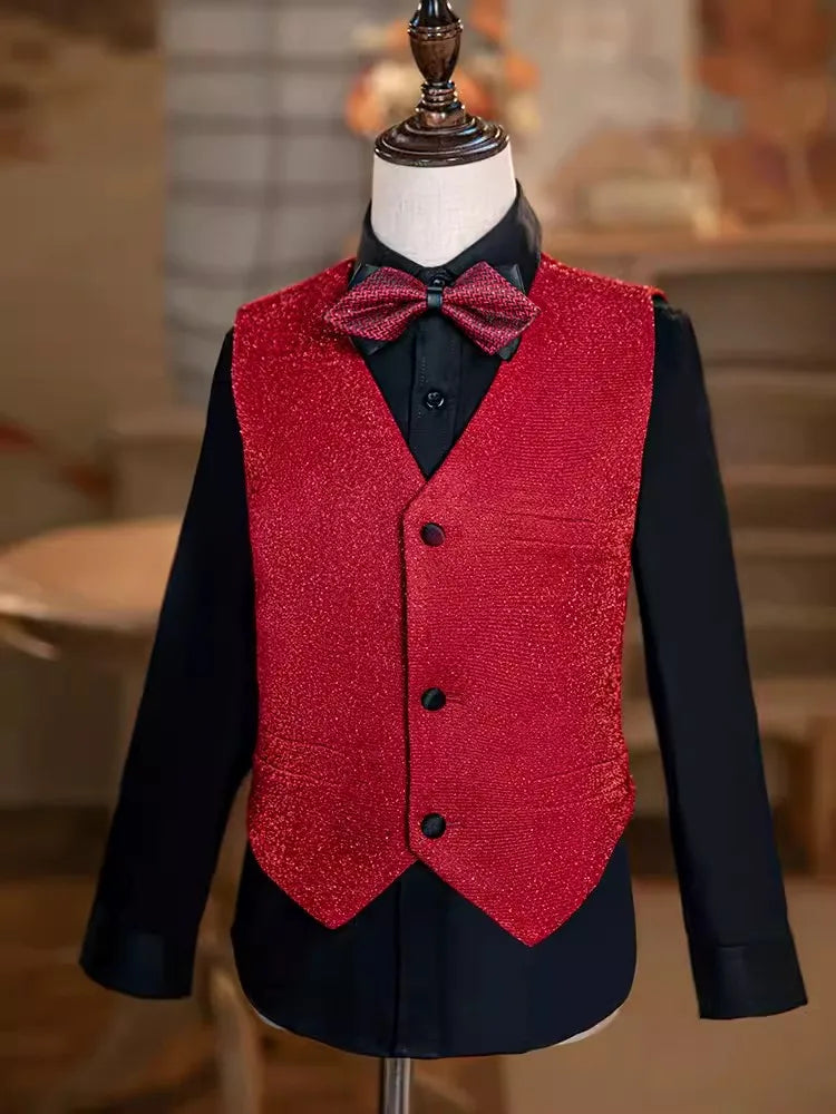 Children Luxurious Sequins Singer Host Photography Suit Boys Jacket Vest Pants 3PCS Performance Costume Kids Piano Wedding Dress