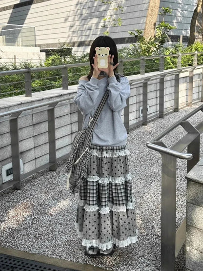 Japanese Elegant Retro Plaid Wave Point Skirts Women Lace Patchwork Ruffles A-line Skirts Harajuku Design Korean Popular Clothes