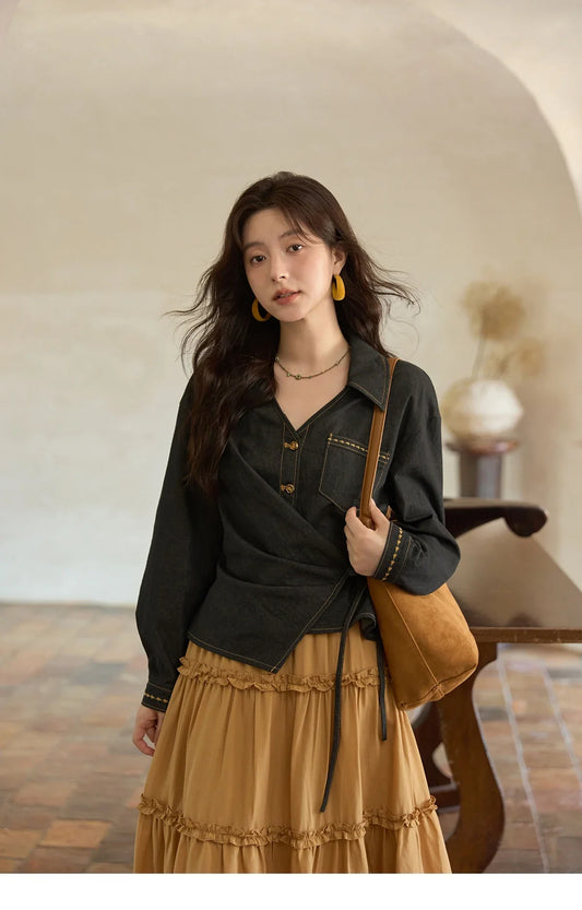 Autumn Retro Black Imitation Denim Shirt 2025 Side Lace-up Solid Shirts Lapel V-neck Retro Button Casual Tops MXE42C2374