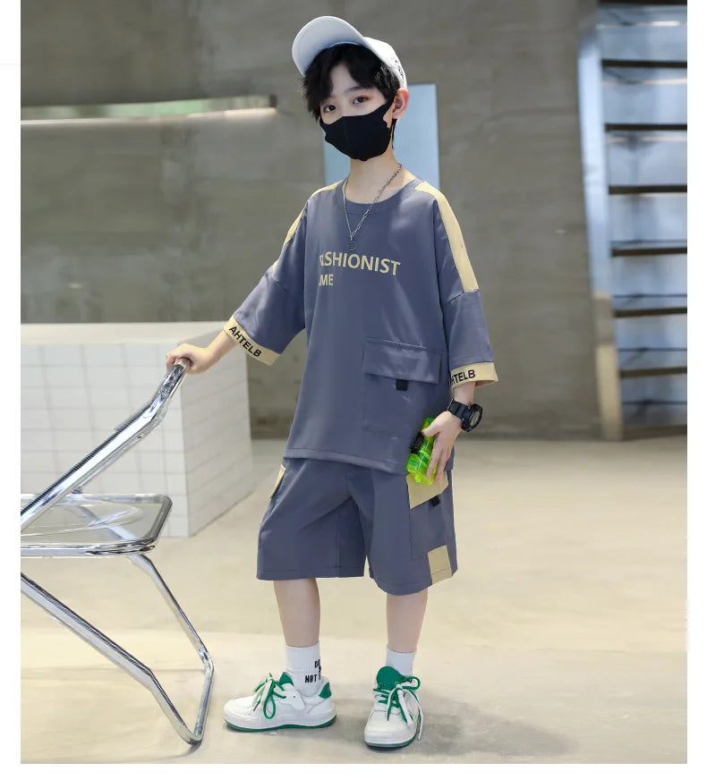 Summer Boys Patchwork Alphabet Half Sleeves T-Shirt Tops+Shorts Pant School Kids Tracksuit Child 2PCS Outfit Workout Set 5-16 Yr
