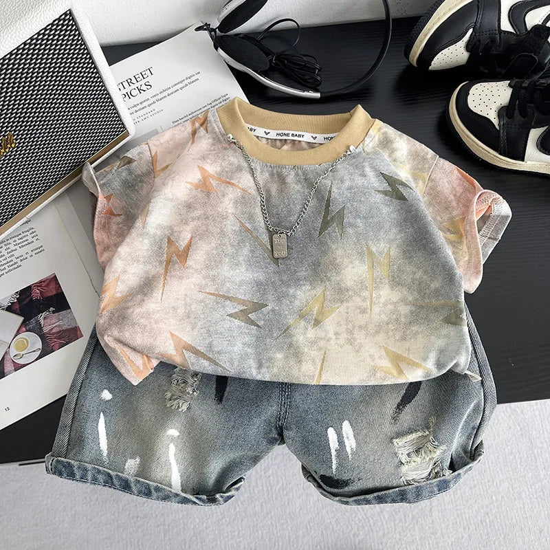 Children Handsome Suit Casual Clothes Summer New Zaidan Lightning T-shirt with Necklace+ Ripped Jeans 2Pcs/set Infant Tracksuits