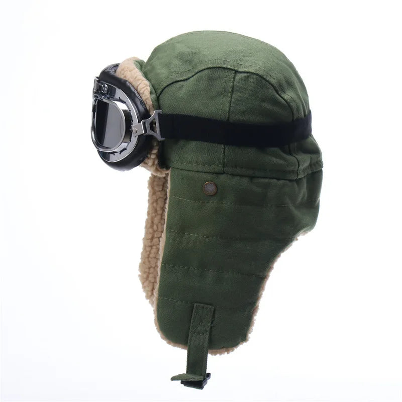 Army Military Ushanka Men&Women Windproof Winter Bomber Hats with Goggles Warm Lamb Wool Pilot Earflap Thermal Snow Cap