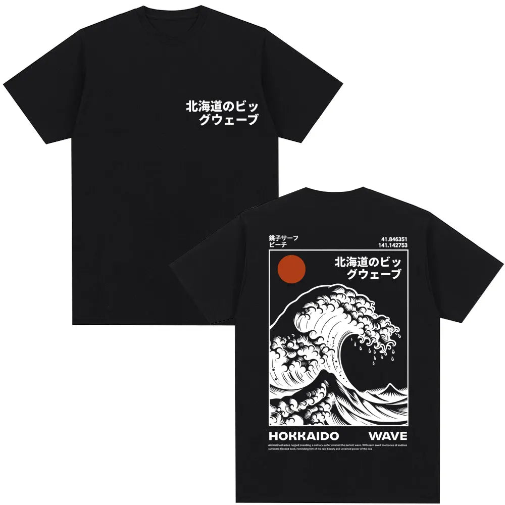 Japanese Style Hokkaido Wave Graphic T-shirts Men Women Harajuku Fashion Vintage T Shirts Oversized Cotton Popular T-Shirt Gifts