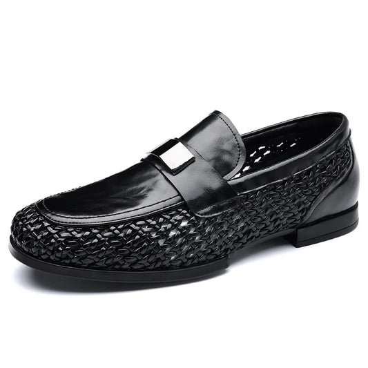 2026 Summer New Hallow Leather Shoes for Man Black Woven Breathable Elegant Shoes Man Fashion Business Loafers Male