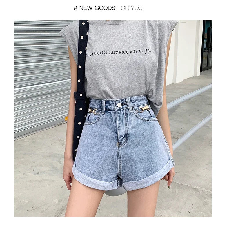 Summer 2024 Denim Shorts Women High Waisted Wide Leg Loose Crimping Blue Jeans Sequined Jean Shorts Female