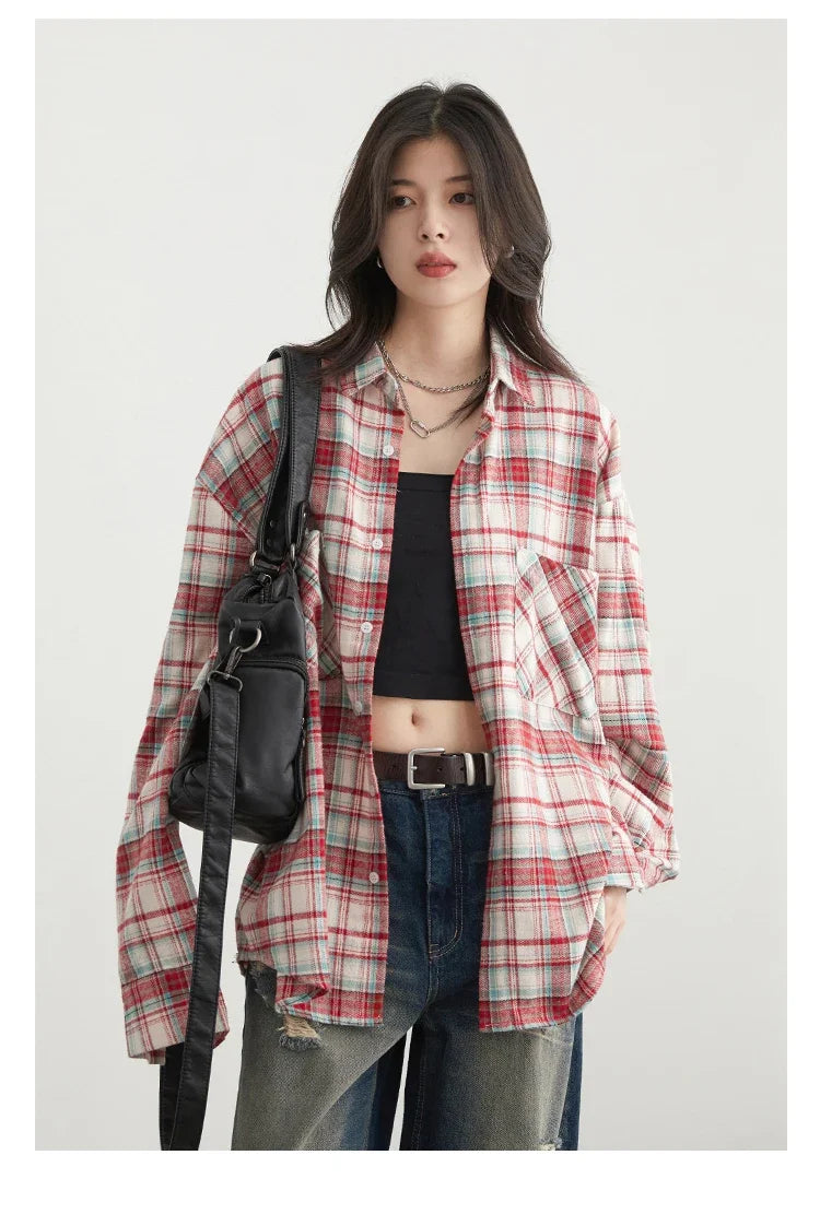 Women's Cotton Shirt Single Breasted Loose New Retro Color Blocked Grid Female Blouses Autumn Spring 2026