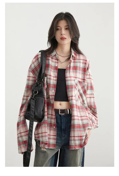 Women's Cotton Shirt Single Breasted Loose New Retro Color Blocked Grid Female Blouses Autumn Spring 2026