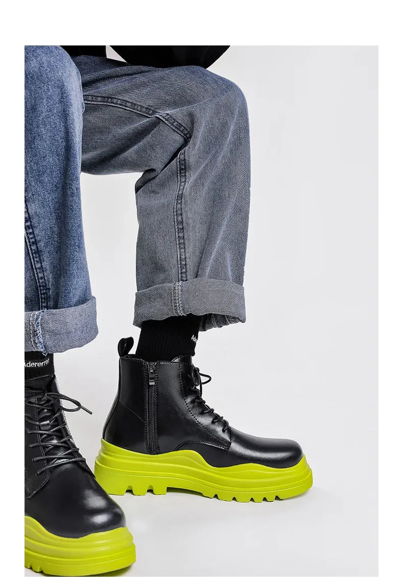 Fashion Mens Sheoes Platform Chelsea Boots Thick Bottom Split Leather Ankle Boots Male Footwear Round Toe Short Boots