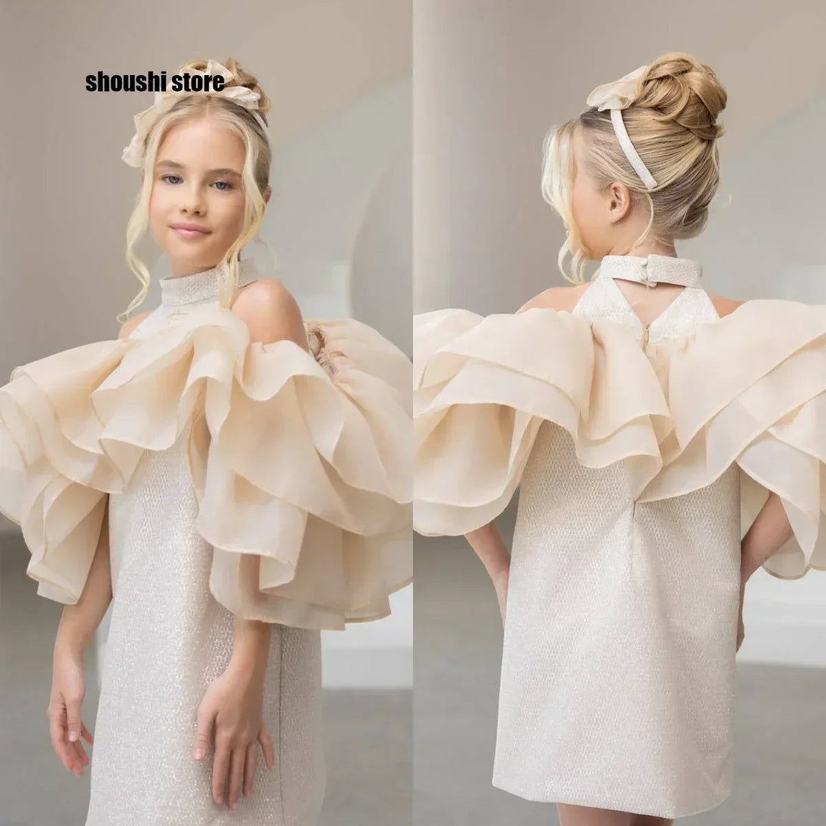 Beige Flower Girl Dresses for Wedding Toddler Girl's Birthday Gowns Customized High Neck Baby Pageant Outfit Dress