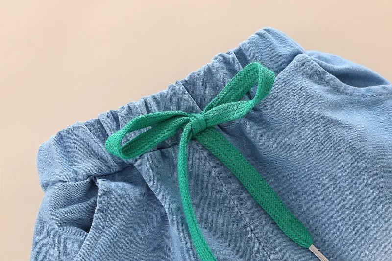 New Summer Suits for Baby Cartoon Print Kids Short Sleeve Letter Polo Shirts +denim Shorts Toddler Boy Casual Clothing Outfits