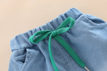 New Summer Suits for Baby Cartoon Print Kids Short Sleeve Letter Polo Shirts +denim Shorts Toddler Boy Casual Clothing Outfits