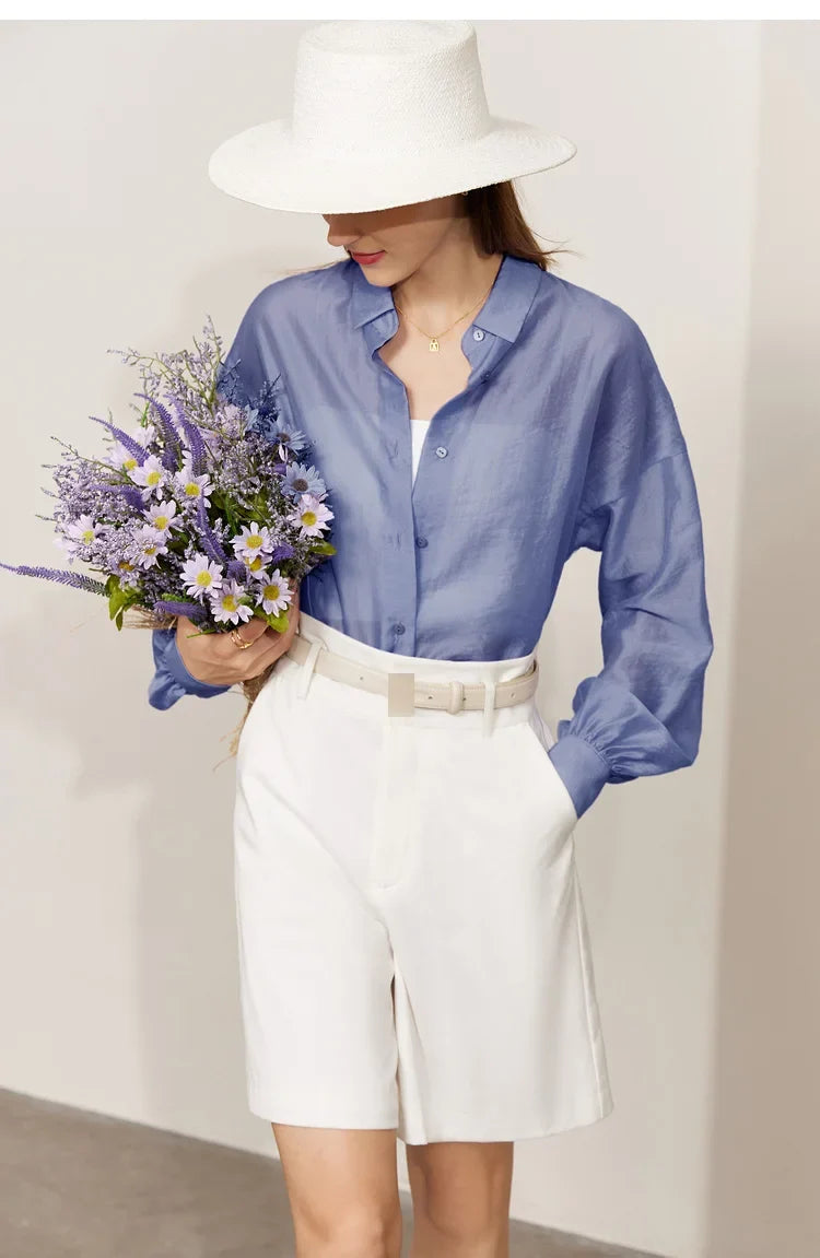 Minimalist Blouse for Women 2023 Autumn Lantern Sleeve V-Neck Slightly Transparent Elegant Commuter Clothing Tops 72341030