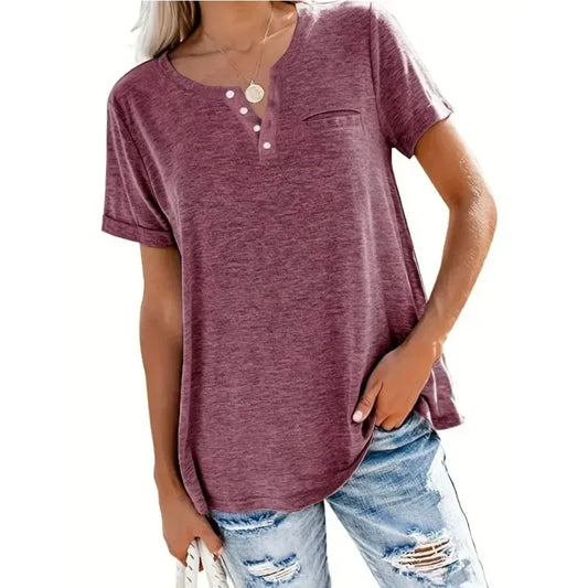 Plus Size 1XL-5XL Women's Spring and Summer New Style Loose Tops Ladies Casual V-neck Short Sleeve Pocket T-shirt