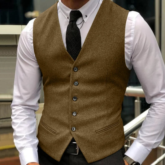 Men Vest Brown Herringbone Single Breasted With Lapel Waistcoat For Wedding Party Business Work Daily Casual Ball Men Suit Vest