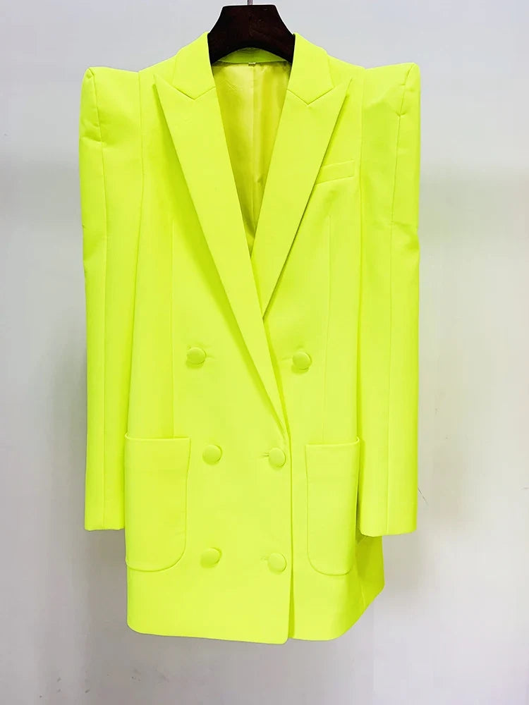 HIGH STREET Newest Fashion 2026 Designer Jacket Women Peak Strong Shoulder Double Breasted Long Blazer Fluorescein