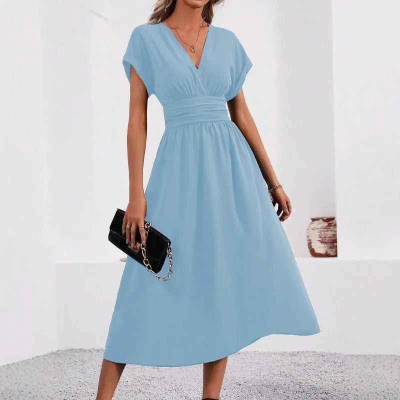 Dresses 2025 Woman Summer Solid-Color V-Neck Batwing-Sleeve Pleated Long Elegant Dress Woman Clothing Tops Skirts Y2k Clothes