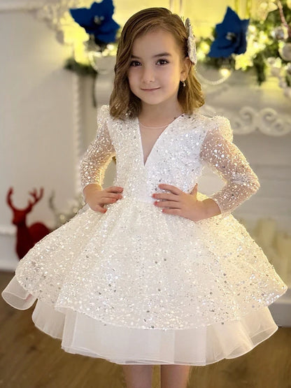 Customized Flower Girl Dresses White Tulle Puffy Tiered Sequin Long Sleeve For Wedding Birthday Party Banquet Princess Gowns
