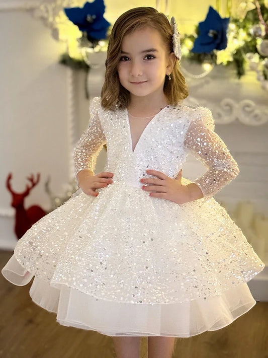 Customized Flower Girl Dresses White Tulle Puffy Tiered Sequin Long Sleeve For Wedding Birthday Party Banquet Princess Gowns