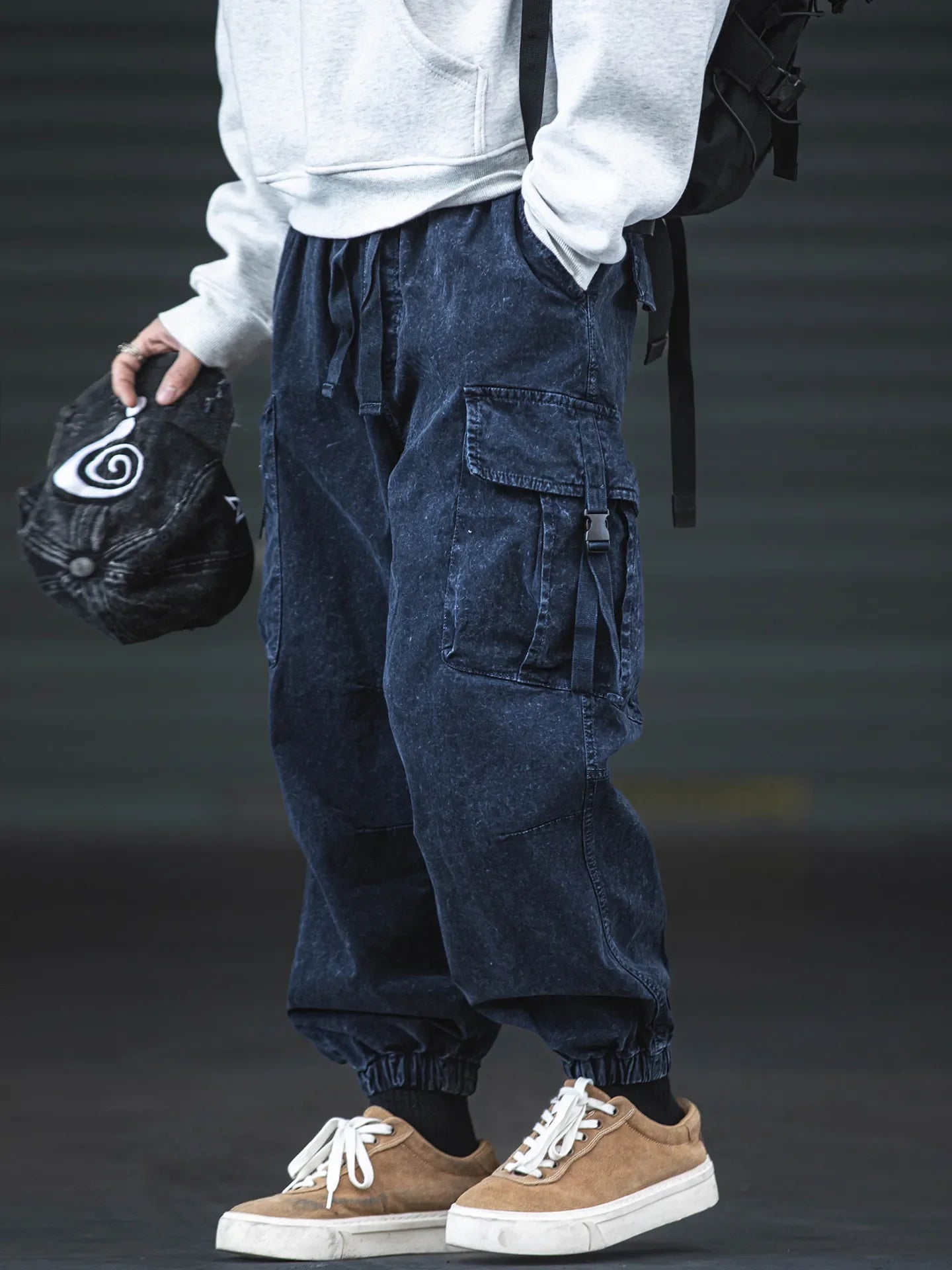 Oversized Baggy Vintage Washed Cargo Pants Men Loose Fit Drawstring Cuffed Retro American Style Streetwear Hip Hop Utility Pants