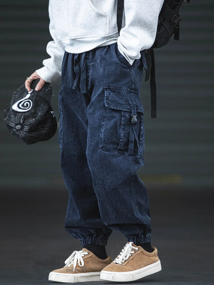 Oversized Baggy Vintage Washed Cargo Pants Men Loose Fit Drawstring Cuffed Retro American Style Streetwear Hip Hop Utility Pants