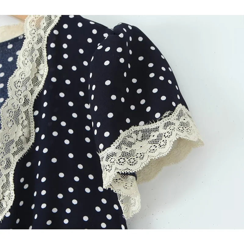 2025 Women Navy Blue Polka Dot Long Dress Lace Trim V Neck Short Sleeve A-line Elegant Holiday Dresses Summe Maxi Robe
