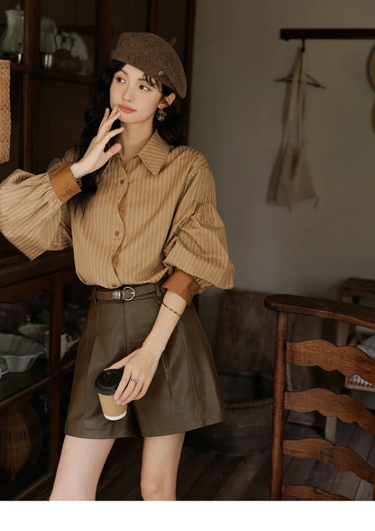 Striped Casual Shirt for Women 2024 Autumn Retro Lapel Long Sleeve Top Contrasting Cuffs Shirts Office Lady MXD42C0301