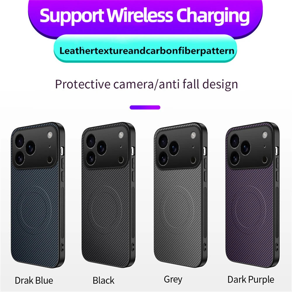 جراب جلد مغناطيسي رفيع للغاية من ألياف الكربون لهاتف iPhone 17 Air 16E 16 15 14 13 Pro Max مضاد للصدمات متوافق مع Magsafe غطاء حماية عسكري