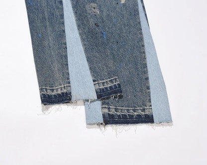 Blue Speckle Ink Washed Flared Jeans Slim Fit Hip Hop Graffiti Ripped Denim Pant Men Streetwear Vintage Wide Leg Jean Pants Y2k