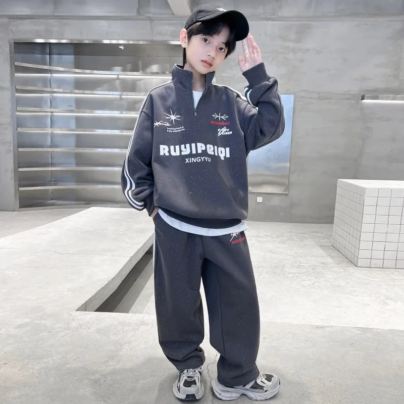 Spring Autumn Boys Striped Half Zip Sweatshirt+Sweatpant Workout Sets School Kids Tracksuit Children Outfit Jogging Suit 5-16 Yr