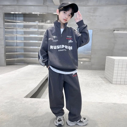 Spring Autumn Boys Striped Half Zip Sweatshirt+Sweatpant Workout Sets School Kids Tracksuit Children Outfit Jogging Suit 5-16 Yr