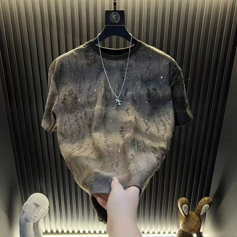 2025 Hot New Summer Men's Short-sleeved Trendy Luxury Distressed Round-neck Half-sleeve T-shirt Top