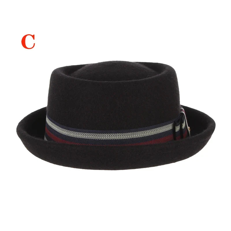 100% Wool Pork Pie Fedora Hat for Women Men Autumn Winter Felt Curved Brim Porkpie Hat