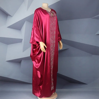 Fashion African Woman Large Size Bat Sleeve Dress Muslim Islamic Style Robe Imitation Silk Hot Fix Rhinestone
