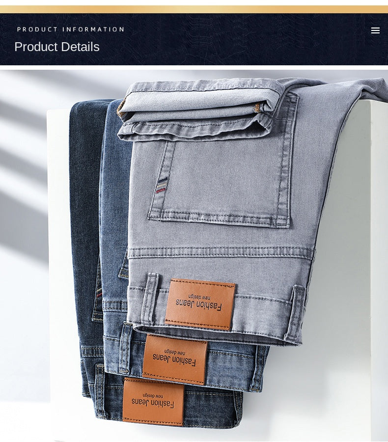 2024 Brand Thin or Thick Material Straight Cotton Stretch Denim Men's  Business Casual High Waist Light Grey Blue Jeans