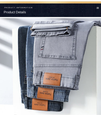 2024 Brand Thin or Thick Material Straight Cotton Stretch Denim Men's  Business Casual High Waist Light Grey Blue Jeans