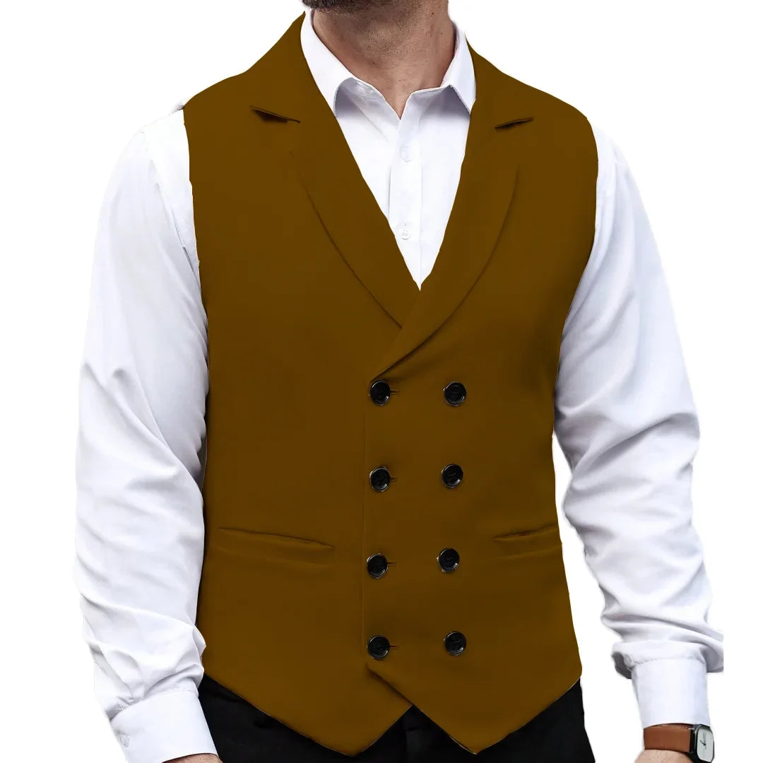 Men Vest Beige With Lapel Solid Double Button Waistcoat For Wedding Birthday Banquet Business Casual Daily Men Suit Vest