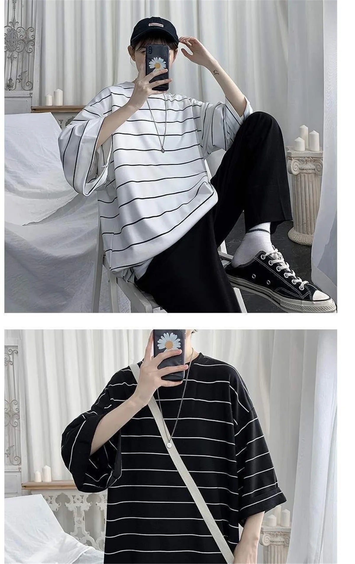 2026 Summer Oversized T-Shirt Men Funny Harajuku Tshirt Streetwear Femme Striped Japan Hip Hop Loose Half Sleeve T Shirts Male