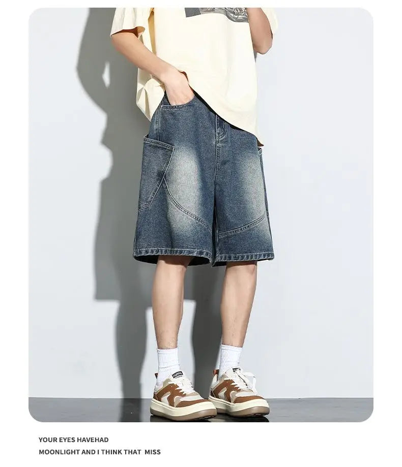 Summer New Baggy Denim Shorts Fashion Casual Straight Harajuku Jeans Male Vintage Wash Drawstring Short Pants Streetwear