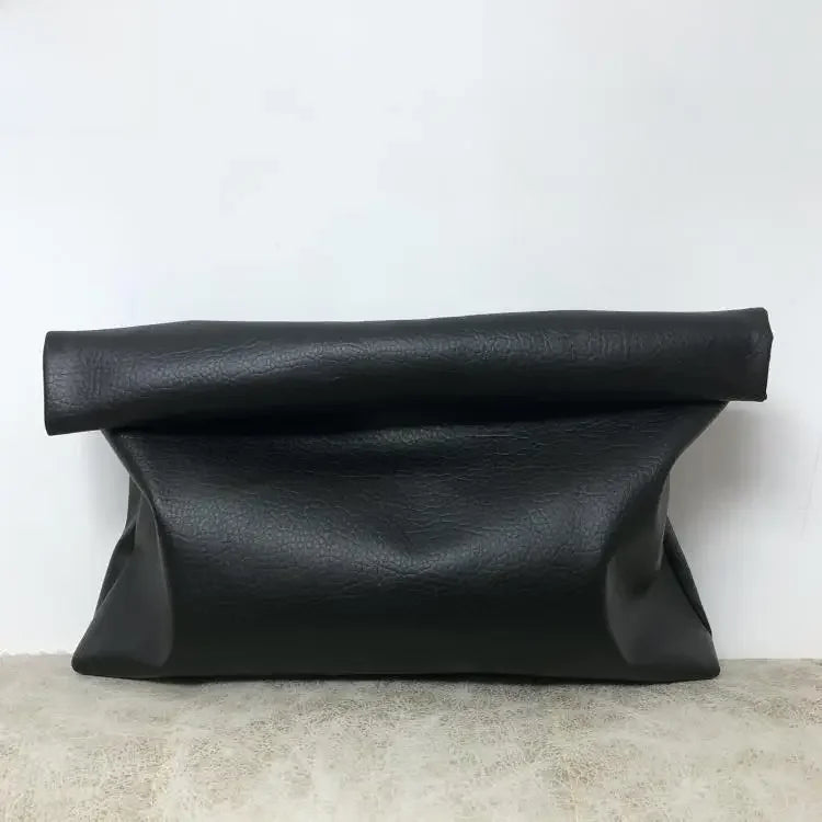Simple Black Dull Handbag Rolled Edges Large Capacity Soft Texture Women's Casual Clutch Bag Vintage Artistic Style