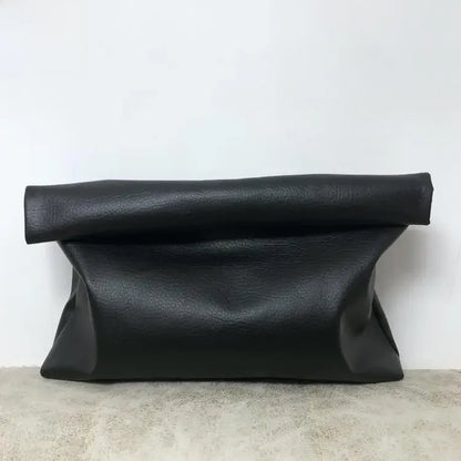 Simple Black Dull Handbag Rolled Edges Large Capacity Soft Texture Women's Casual Clutch Bag Vintage Artistic Style