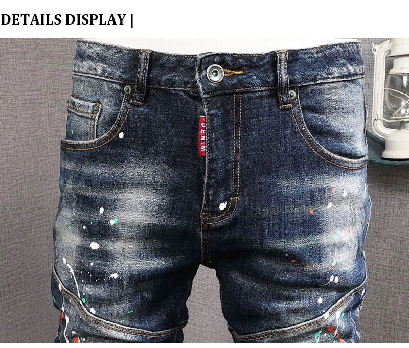 Fashion Streetwear Men Jeans Retro Black Blue Elastic Slim Fit Ripped Jeans Men Spliced Designer Embroidery Hip Hop Denim Pants