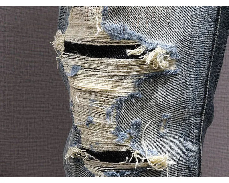 Street Fashion Men Jeans Retro Blue Stretch Slim Fit Hole Ripped Jeans Men Patched Designer Hip Hop Vintage Denim Pants Hombre