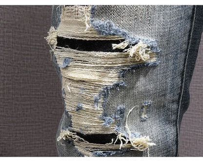 Street Fashion Men Jeans Retro Blue Stretch Slim Fit Hole Ripped Jeans Men Patched Designer Hip Hop Vintage Denim Pants Hombre