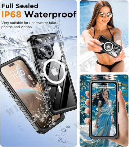 جراب حماية IP68 مقاوم للماء لهواتف آيفون 17 16 15 برو ماكس بلس، غطاء حماية كامل للجسم للسباحة تحت الماء والغوص مع ماجسيف مغناطيسي (فوندا)
