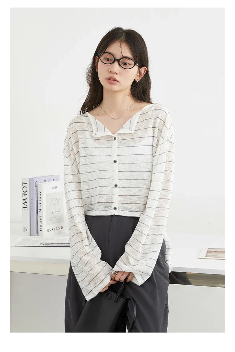 Korean Women T-Shirts Loose Casual New Striped Long Sleeve Sunscreen Shirt Designed Female Tees Summer 2025