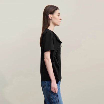 Women's T-Shirt 2026 Summer New Round Neck Ruffle Hem Cotton Tee Lace Trim Short Sleeve Loose Fit Top For Women 12642012
