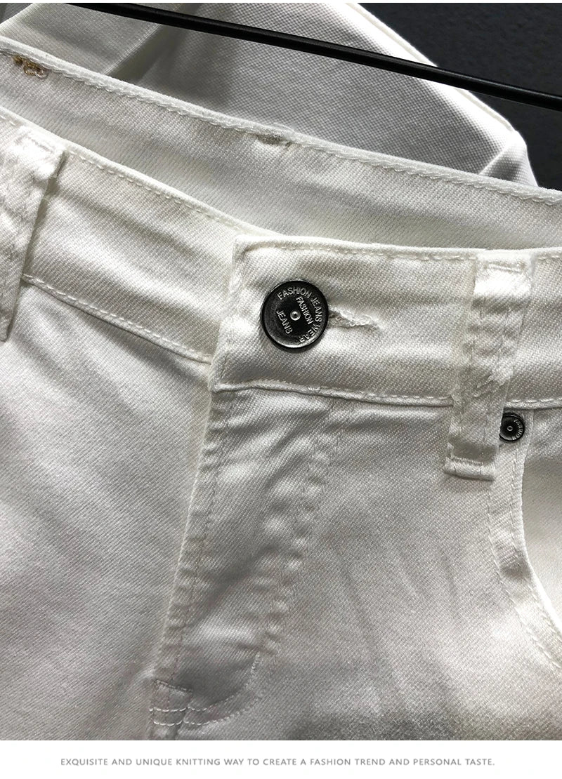 Summer New Denim Shorts Men's Stitching Embroidery Ripped Knee-length Shorts White Black Retro Blue Fashion High Quality Jeans