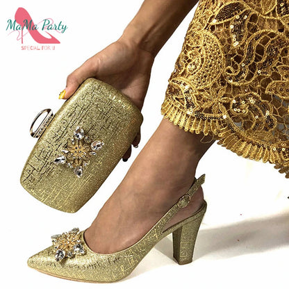 Color Italian Classics Design African Women Shoes and Bag Set High Quality with Shinning Crystal for Wedding Party