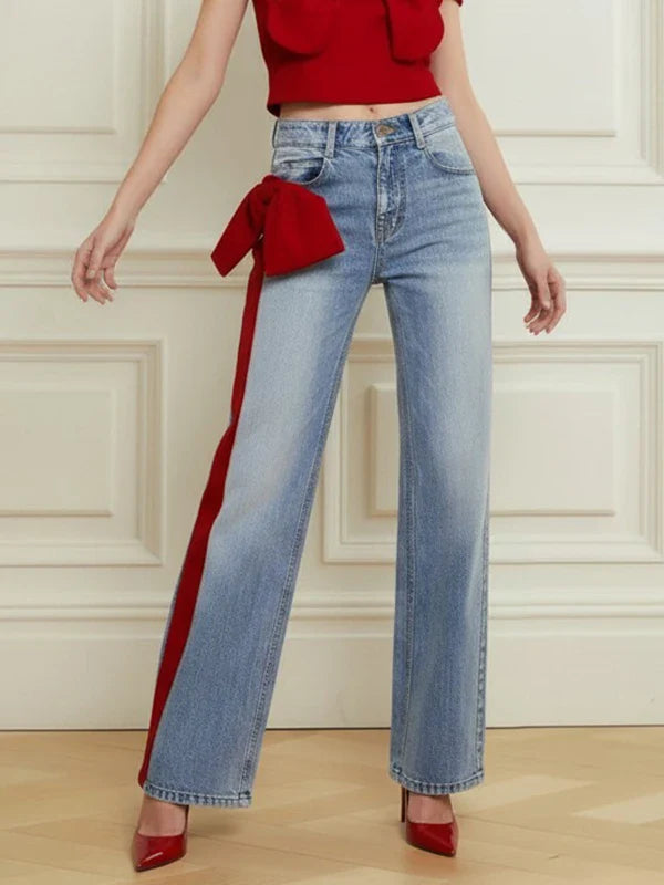 Women's Fall Winter Going Out Jeans 2025 New Stylish Elegant Bow-embellished Blue Leisure Fashion Pants for Ladies